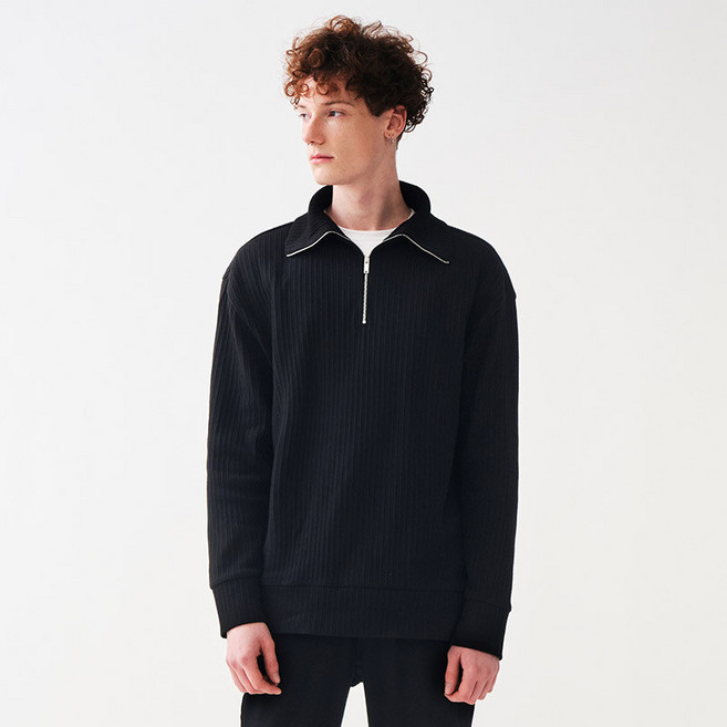 [STCO] 남성 플리츠 반집업 티셔츠 오버핏 블랙