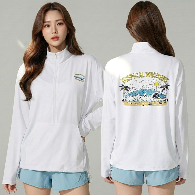 UPF+50[44~88] 비키비키 크로드 여성 래쉬가드 긴팔 수영복 상의 집업 체형커버 자외선차단 오버 루즈핏 바캉스룩 비치웨어