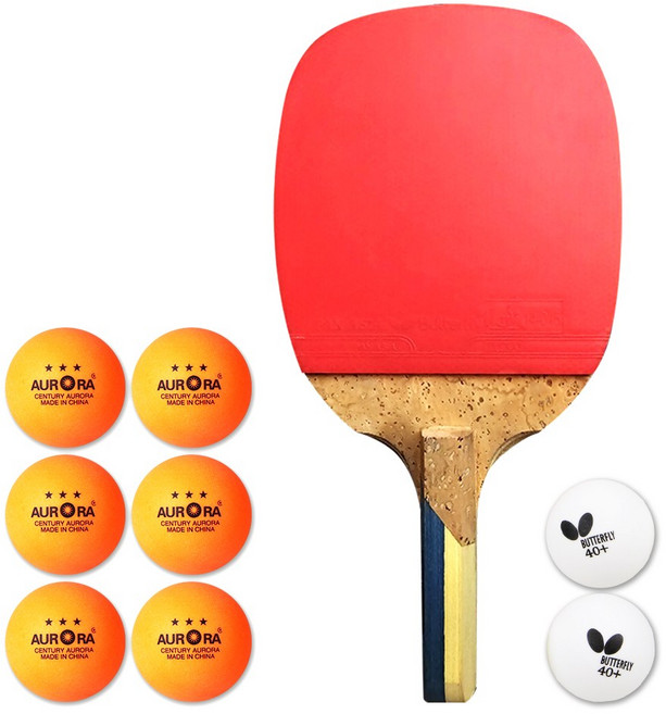 버터플라이 탁구라켓 단면 펜홀더 NAKAMA P-9 + 오로라 탁구공 6입, 1개