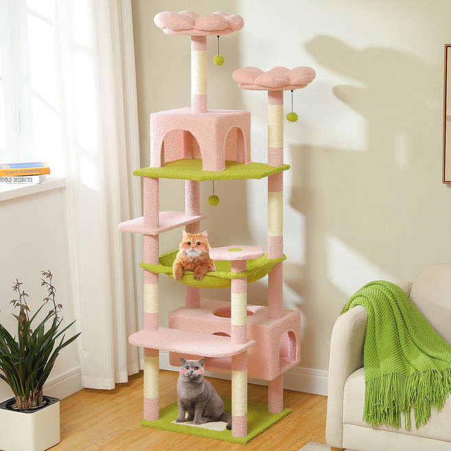 PAWZ Road 8단 대형 다색 고양이 패브릭 캣타워180CM 꽃 선인장 조형 큰 사이즈 숨숨집+ 해먹+ 탑 라운지, 핑크, 1개