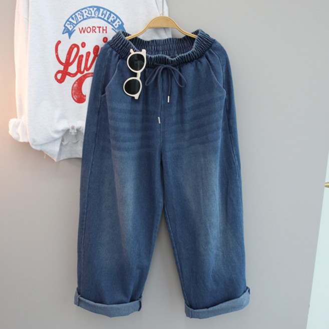 달콩 여성 빅사이즈 밴딩 루즈핏 청바지 네추럴워싱데님와이드팬츠