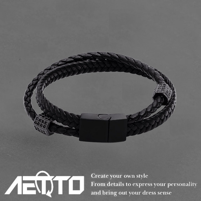 AETTO 雙層皮繩手鍊 編織繩 高級感 錯位交叉 鑲鑽轉珠