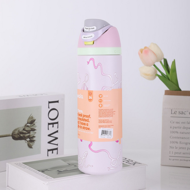 오왈라 프리십 인슐레이티드 텀블러 24oz-710ml, 710ml, 핑크색 리본