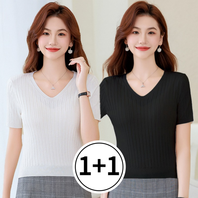 르블링 여성 쿨 니트 브이넥 골지 반팔 티셔츠 2종세트
