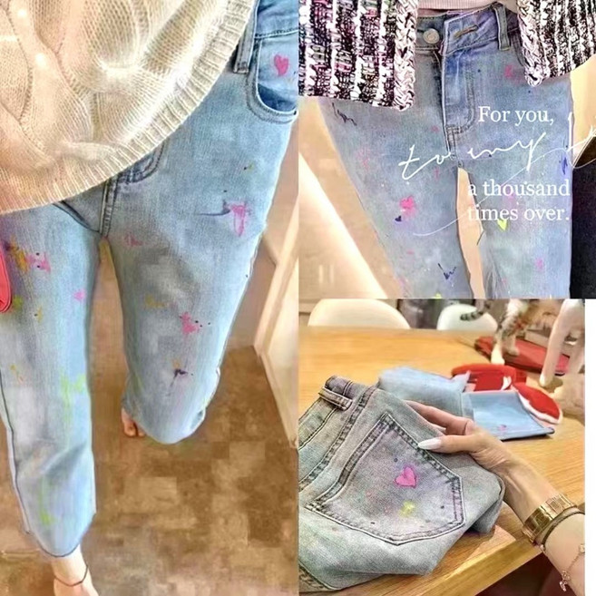 FSY 韓系中腰潑墨愛心直筒牛仔褲