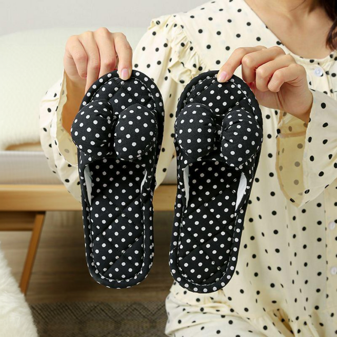 에버하우스 리본도트 퀼팅 실내 3중 거실화, 블랙, 1개