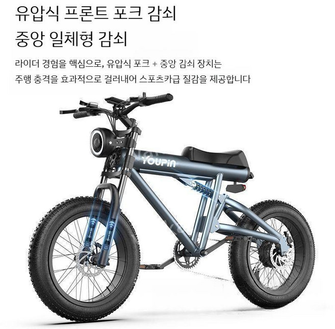YOUPIN 전기자전거 20인치 유압 서스펜션 팻타이어 오프로드형, 1개, 1690cm, 블루PT20, 48V/20AH(주행110KM)