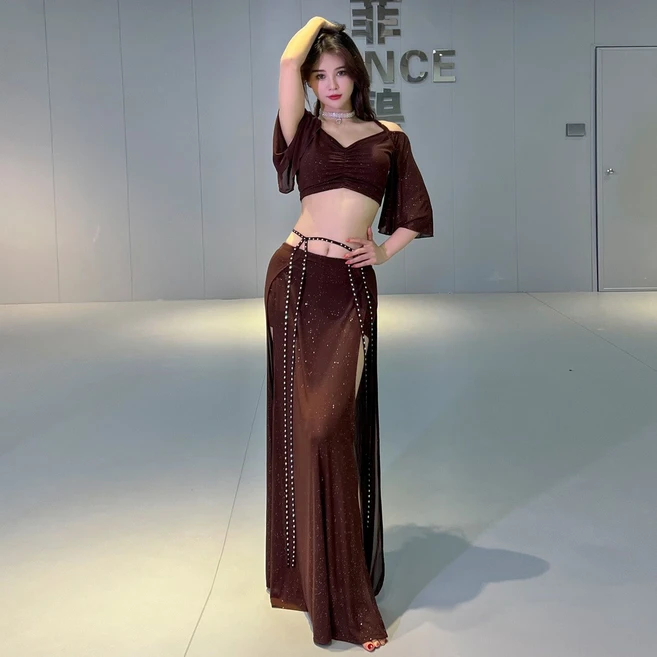 댄스복 벨리댄스 밸리댄스복 힙스카프 여성 상의 롱 치마 치마 세트 공연 의상 DC004, 브라운 - 쿠팡