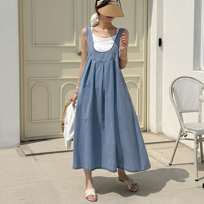 데일리앤 드로잉 여름 레이어드 청 멜빵 롱원피스 플레어 데님 뷔스티에 원피스 빅사이즈