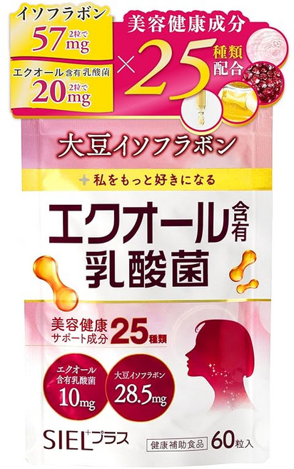 25종의 미용성분 57mg 에쿠올 함유 유산균 20mg / 2알 SIEL 플러스 시엘 플러스 에쿠올 유산균 비타민 B12 엽산 헴철 비타민 B6 비타민 D 대두, 1g, 1개
