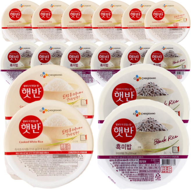CJ 햇반 210g 백미 + 흑미 반반 혼합 세트, 8팩, 420g