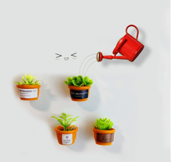 행운이네 꽃 화분 미니어처 세트 예쁜 냉장고 장식 냉장고 자석 마그네틱 세트, 옵션1.4종화분+빨간물뿌리개