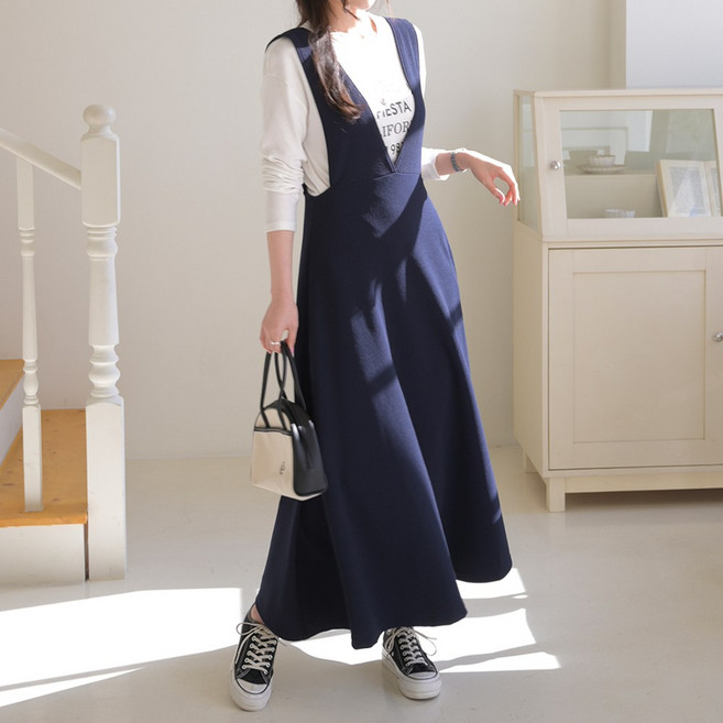 데일리앤 레딘 딥 브이넥 멜빵 플레어 뷔스티에 롱 원피스 봄 하객룩