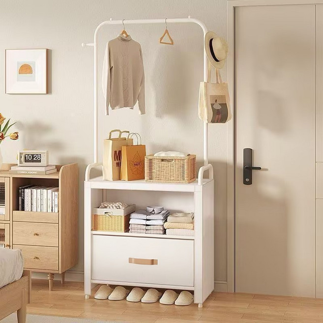 이동식 조립식 옷걸이 2단 침실 패브릭 서랍형 선반 옷장 행거, 흰색