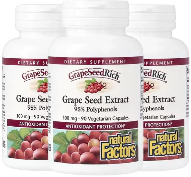 내추럴팩터스 Natural Factors GrapeSeedRich 포도씨추출물 100mg 90베지캡슐 3개 폴리페놀 흑자색포도 비티스 비니훼라, 90정 - 쿠팡