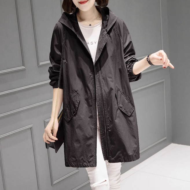 봄 가을 트렌치 얇은 롱 여성 베이직 계절 후드 집업 아우터 기질 캐주얼 포인트 엘레강스 간절기용 아우터 포켓 빅사이즈