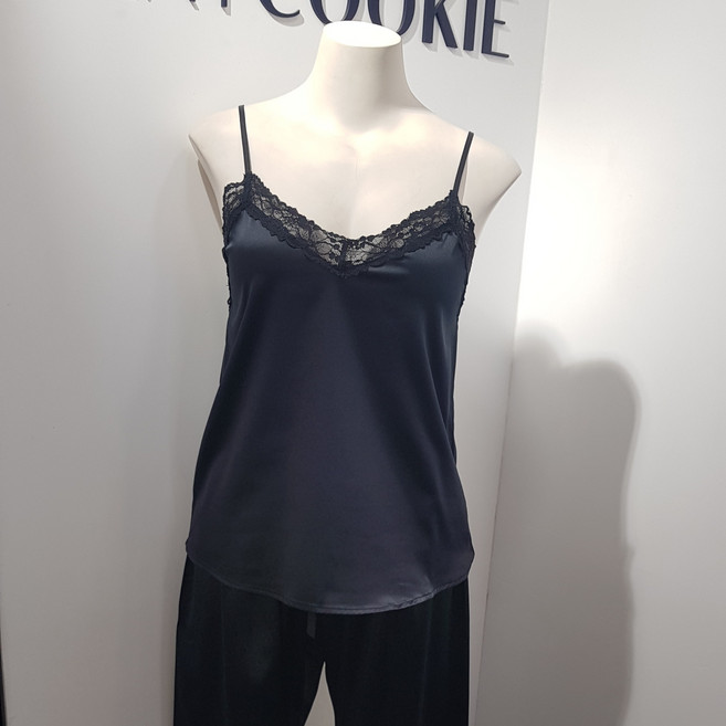 섹시쿠키 심플한 블랙 샤무즈 레이스 파자마세트