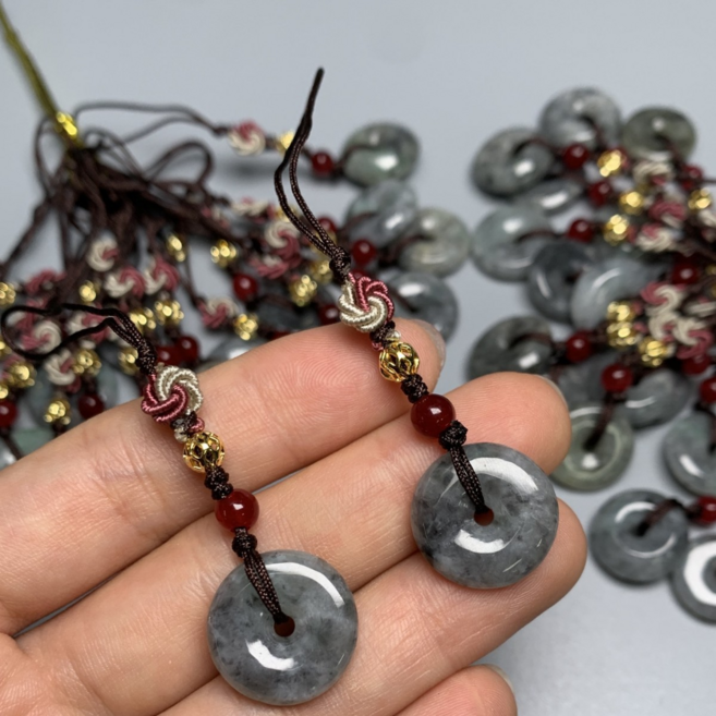 옥 휴대폰 스트랩 미얀마산 천연 A급 청수옥 스마트폰 행운 부적 by 옥연화, 1개, 청회색