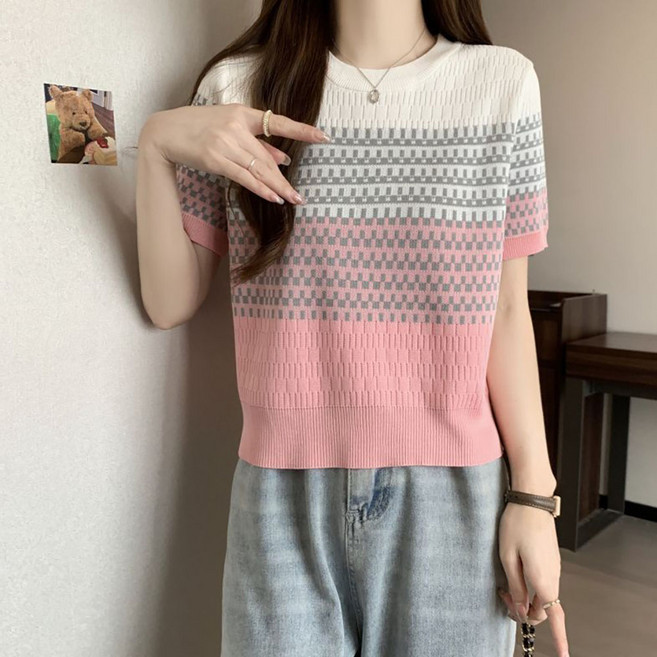 지고다그 여성용 여름 배색 반팔 니트 티셔츠 쿨링 소재 슬림핏 감성 코디 상의 ZK4871