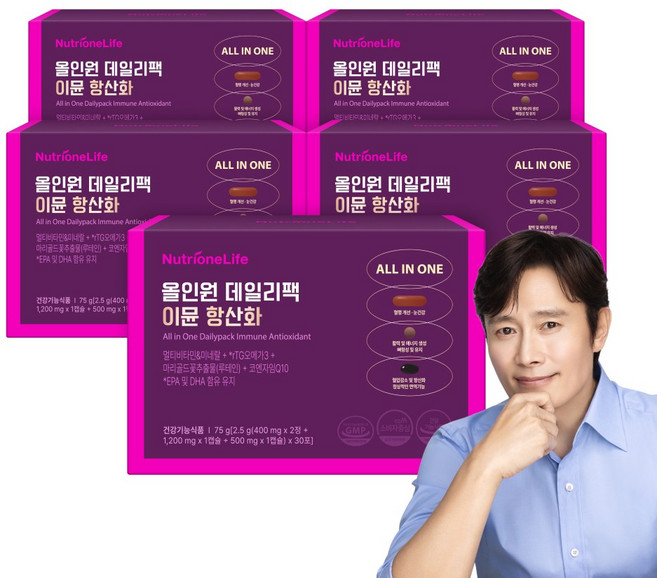 뉴트리원 올인원 데일리팩 이뮨 항산화 종합비타민 하루한팩 30회분 비타민 코큐텐 오메가3 코엔자임 루테인 종합영양, 5박스
