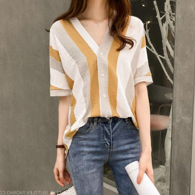 패션디바 여성 브이넥 가을 앞뒤 V넥 세로 스트라이프 블라우스