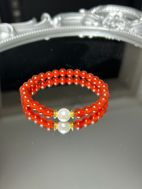 天然紅瑪瑙手鏈 6mm配8mm貝珠