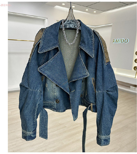 復古西裝領做舊拼皮牛仔外套女秋季新款休閒寬鬆短外套