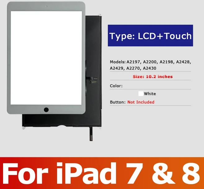 조립용 LCD 터치 스크린 디스플레이 디지타이저 유리 교체 부품 iPad 7 8 9 10.2 2019 2020 A2197 A2428, 06 White 7 8 Touch LCD