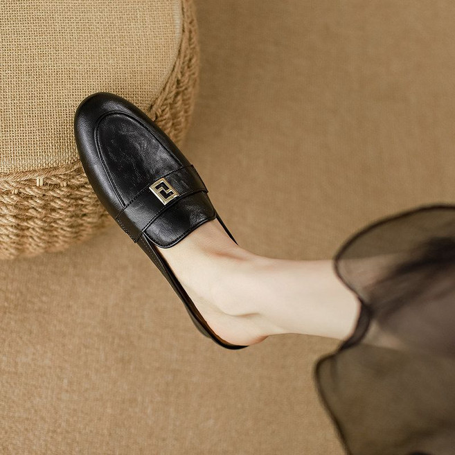 法式軟皮平底穆勒鞋, 25 cm, 黑色