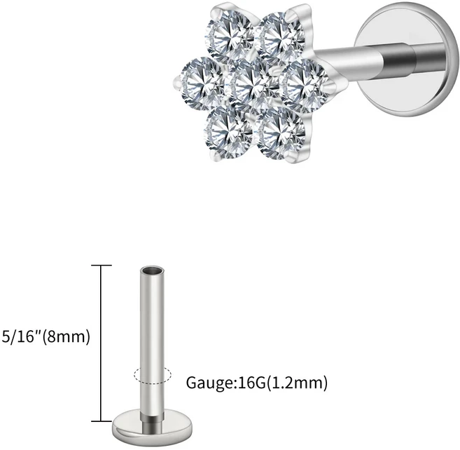 Right Grand ASTM F136 티타늄 16G 작은 꽃 CZ 스터드 귀걸이 내부 나사산 트라거스 헬릭스 룩 콩크 라브렛