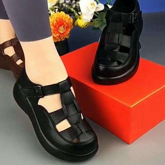 真皮包頭羅馬涼鞋女夏季休閒復古厚底鏤空編織鞋 副廠商品, 黑色, 38