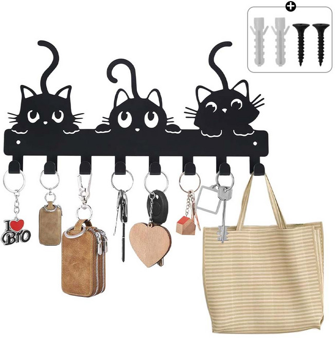 루이 귀여운 검은 고양이 메탈 벽걸이 후크 방수 방청 분리 수납 복도/주방/욕실, 블랙, 1개