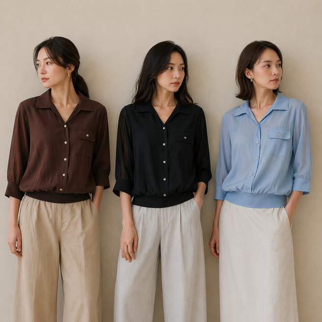 여성 7부소매 루즈핏 데이트룩 인견 쿨 실루엣 블라우스 3종_KDSFB025