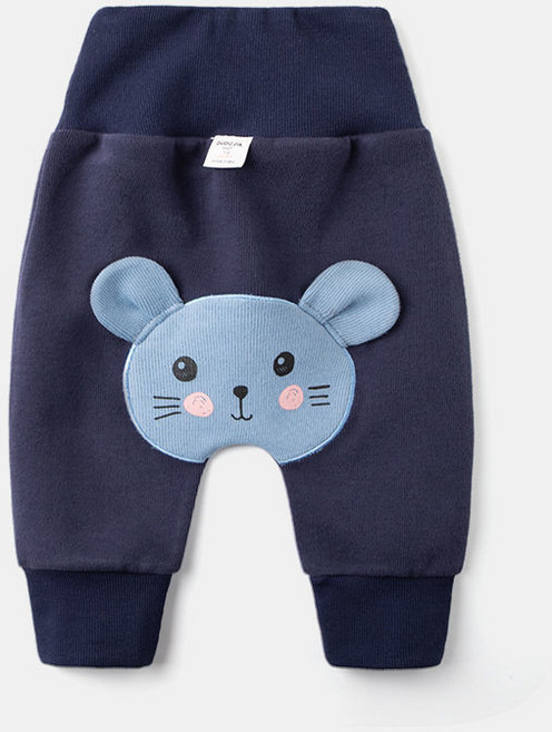 MiniMiracles Store 嬰兒純棉高腰護肚立體動物造型長褲 藏青色老鼠 90碼