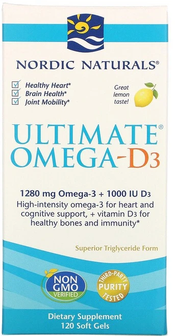노르딕내추럴스 얼티메이트 오메가 D3 레몬 1280 mg 120 소프트젤, 120정, 1개 - 쿠팡