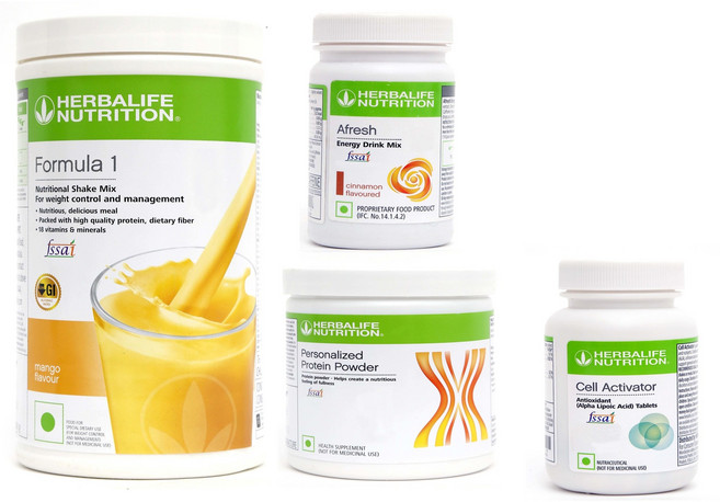 허벌라이프 포뮬러 1 망고 쉐이크 500g + 고단백 쉐이크 200g + 아프레쉬 시나몬 드링크 50g 및 셀 액티베이터 50g, 4개입, 1개