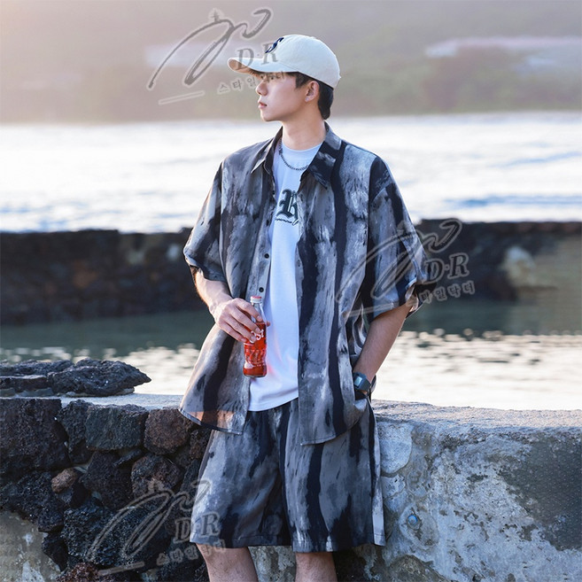 ANYOU 남성 셔츠 슈트 비치 바캉스 여름 반팔 반자지 세트