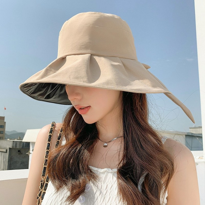 라별 여성 여름 모자 뒷리본 버킷햇 휴양지 바캉스 여행 비치 벙거지 모자 UV 자외선차단