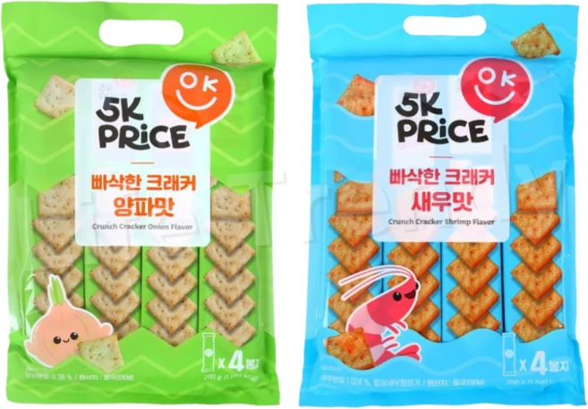 5K프라이스 빠삭한 크래커 양파맛 + 새우맛 2종세트, 200g, 1 - 쿠팡