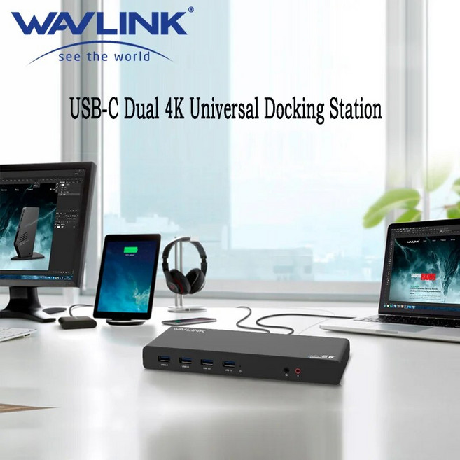 Wavlink USB C 듀얼 4K 60Hz 모니터 노트북 범용 도킹 스테이션 울트라 HD 디스플레이 링크 칩셋 2 x HDMI 및 디스플레이 포트 포함, 2)Dual 4K, 1개