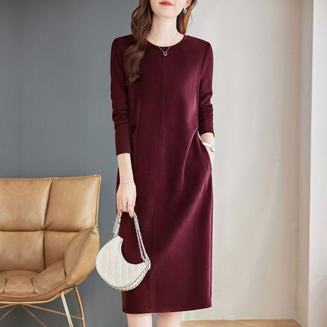메인워크 중년여성 빅사이즈 라운드넥 니트 원피스 긴팔 봄가을 간절기 스판 엄마옷 고급 루즈핏 스트레이트 하객룩 스커트