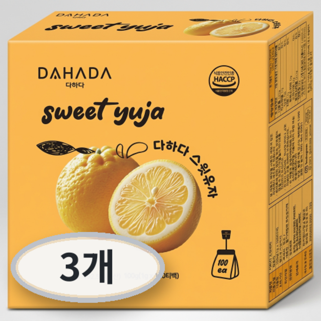 다하다 스윗 유자차, 3개, 100개입, 1g