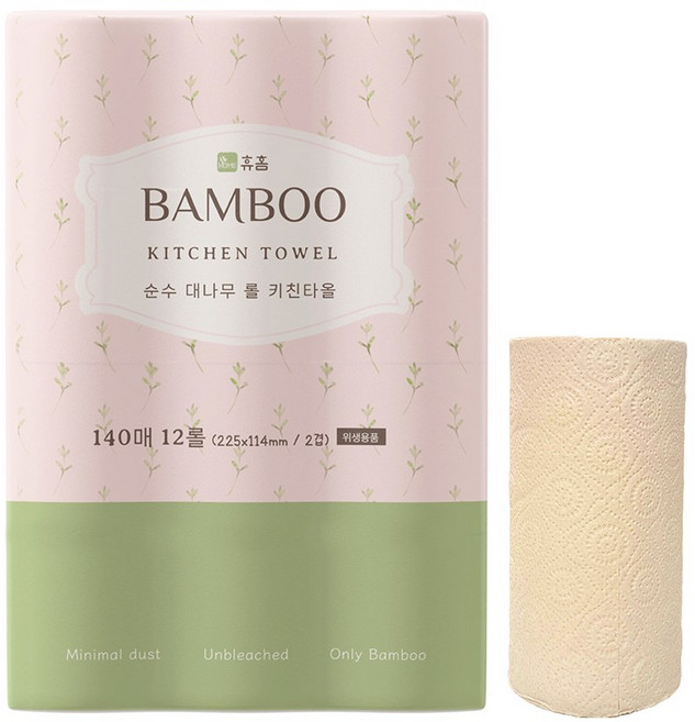휴홈 무표백 순수 롤 대나무 키친타월 140매 12롤, 12개