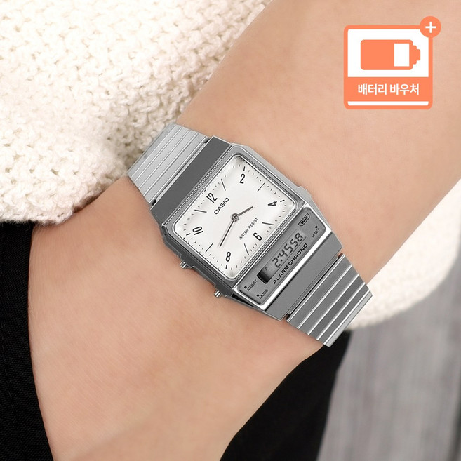 카시오 빈티지 사각 아나디지 방수 캐쥬얼 공용 메탈 시계 + 배터리 바우처