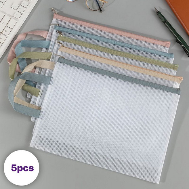 쓸리미너 파우치 메쉬 투명 손잡이 지퍼백 5종세트, 5개, 핑크+블루+그린+베이지+그레이