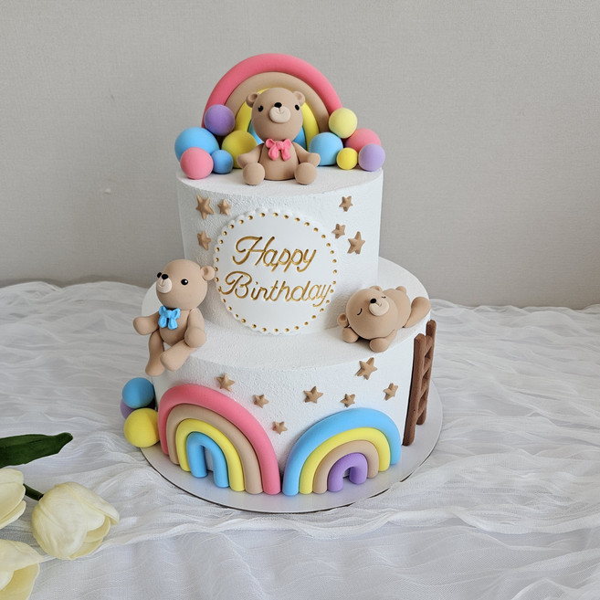 무지개 곰돌이 2단 클레이 케이크 모형 생일파티 테이블 장식 재사용 파티소품