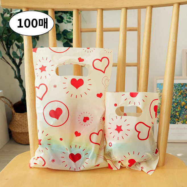 하트 손잡이 비닐 쇼핑백 포장 비닐봉투, 100개, 하트레드