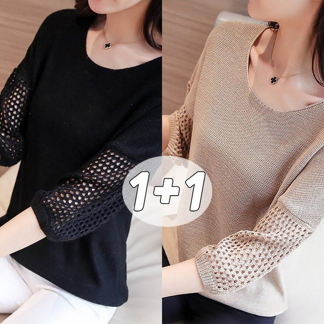 1+1 펀칭 루즈핏 여성니트 칠부소매 얇은 블라우스 풀오버 빅사이즈 티