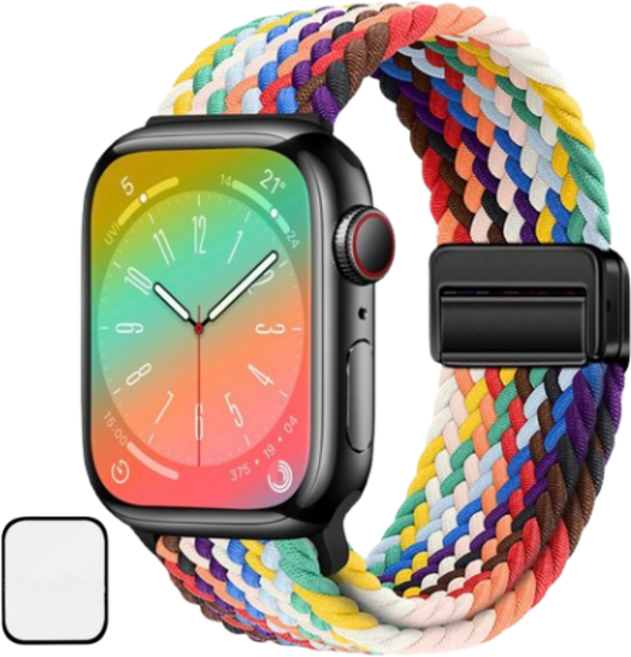 NUBASE 애플워치 호환 마그네틱 체크 브레이드 솔로루프 스포츠 스트랩, 레인보우, 1개