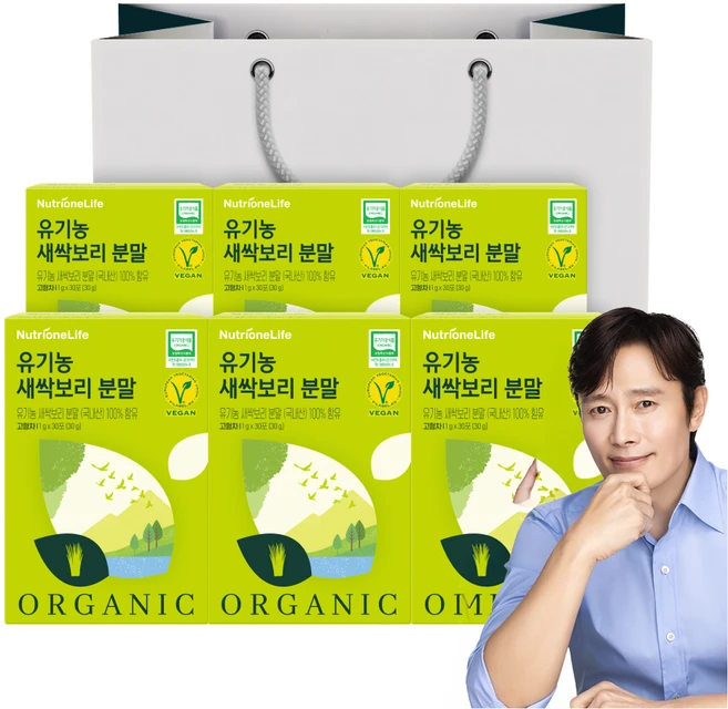 [무료배송/오늘출발] 뉴트리원 프리미엄 유기농 새싹보리 분말 어린잎 쇼핑백 선물세트, 30g, 6개 - 쿠팡